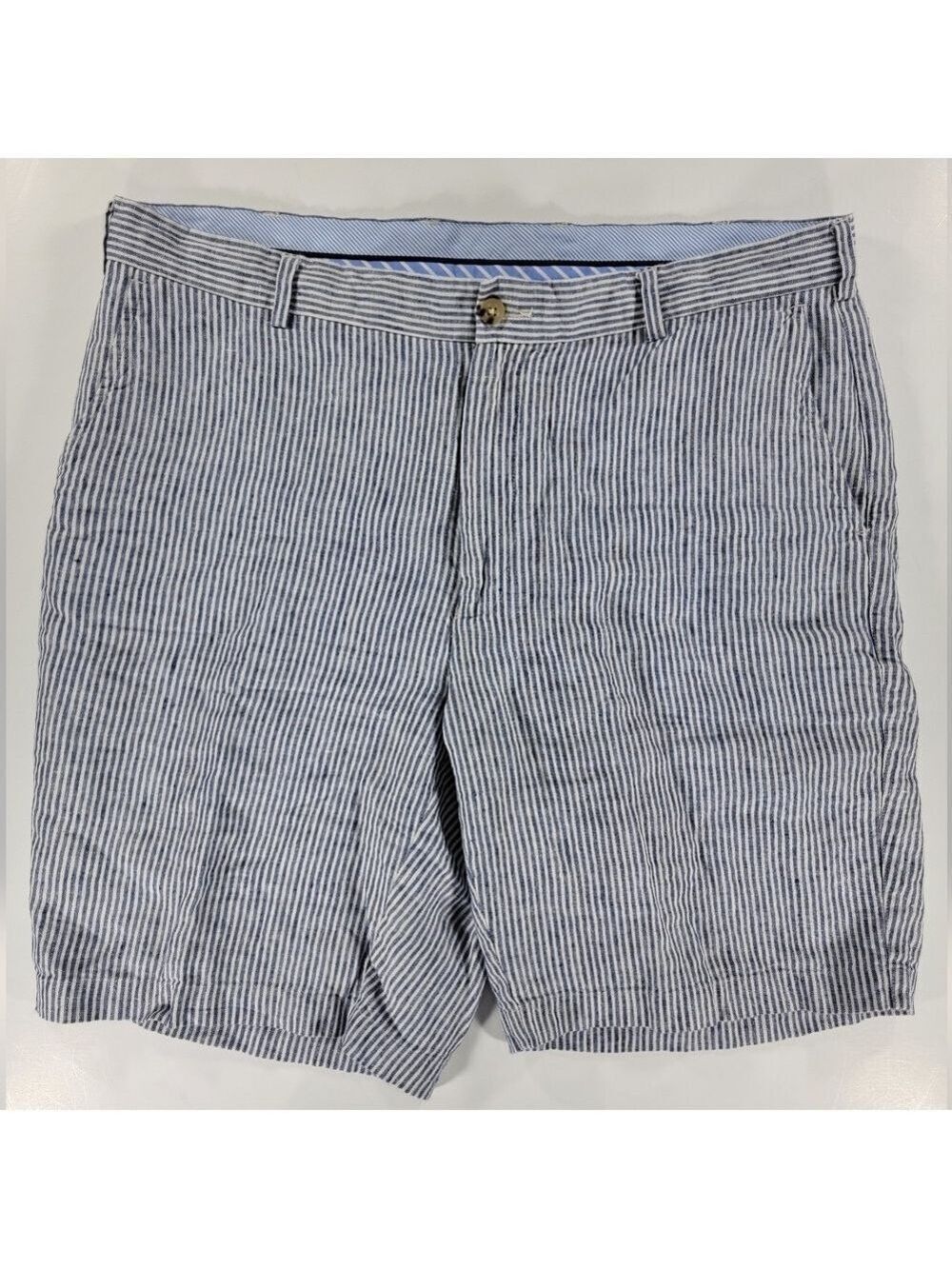 PETER MILLAR Men's 36 Linen Seersucker Shorts Blue White Striped Golf 9" Casual